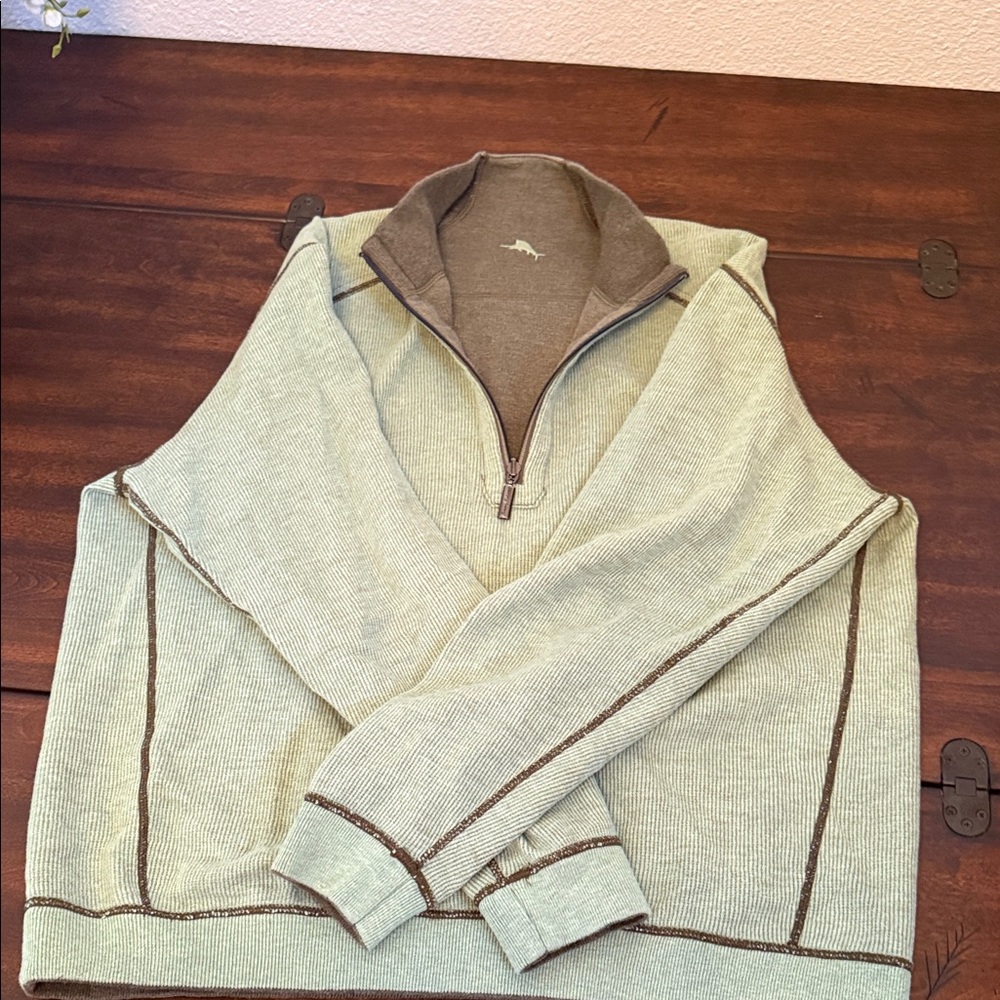 Tommy Bahama Green Zip-Up Sweater with Brown Accents